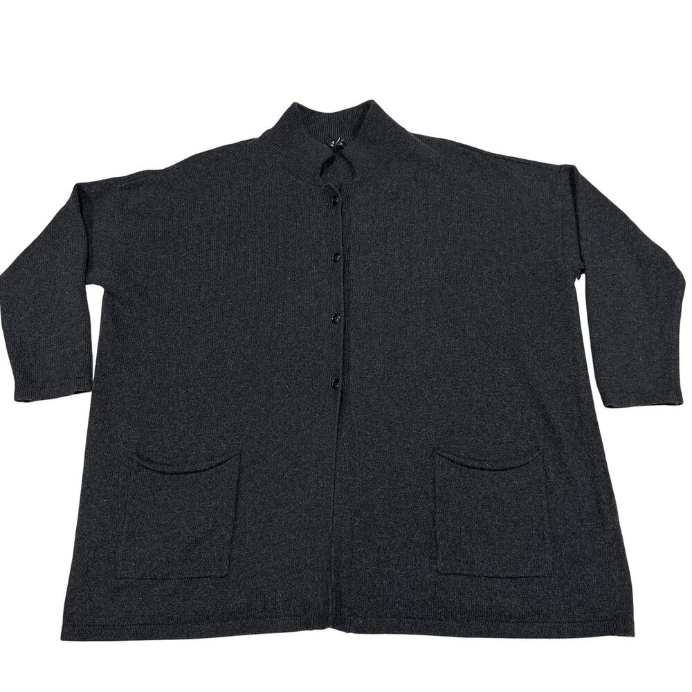 EILEEN FISHER Cardigan Sweater Womens XL Gray Cotton Cashmere Mock Neck Pockets